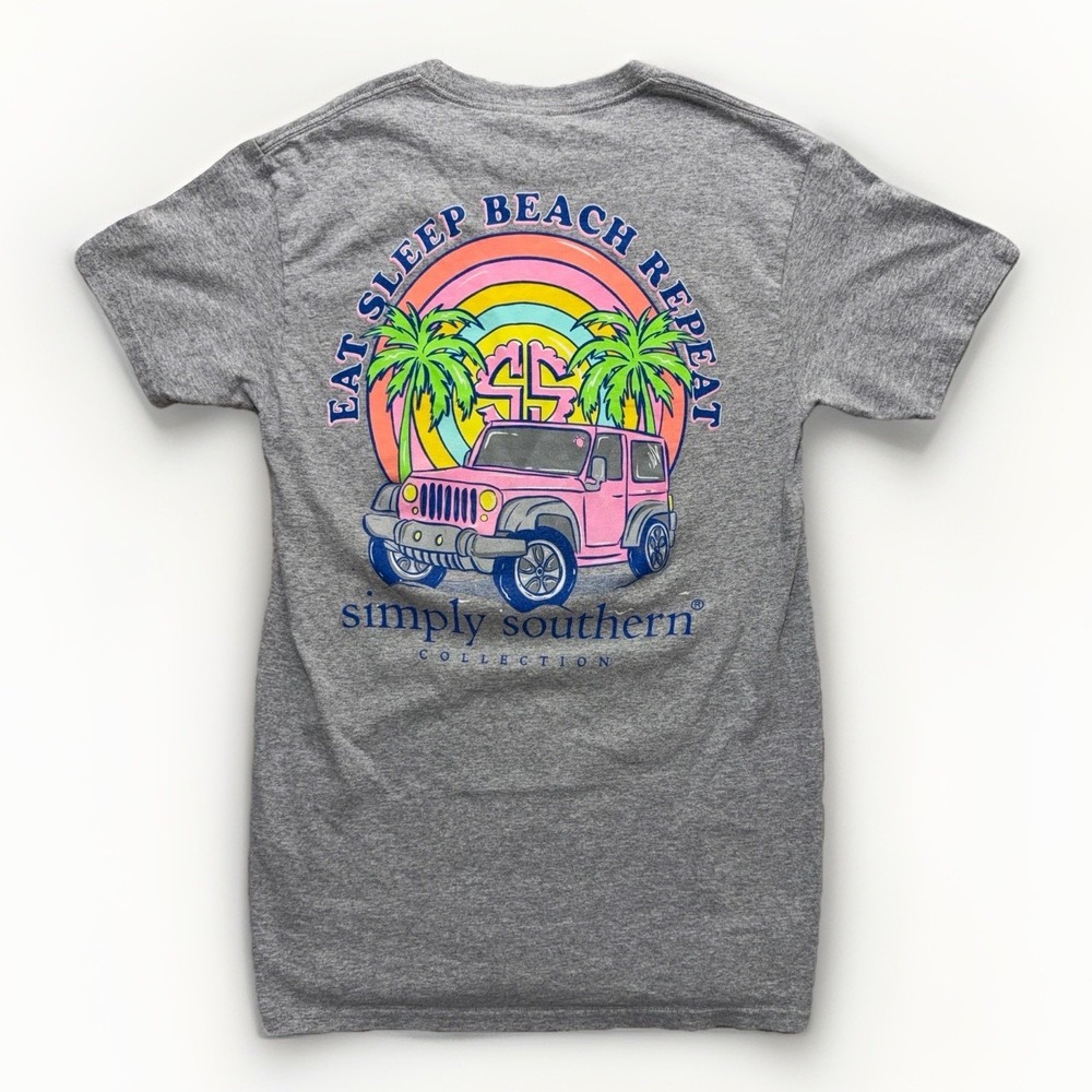 Simply Southern Jeep Eat Sleep Beach Rainbow T-Shirt Sz S Grey Preppy Coastal